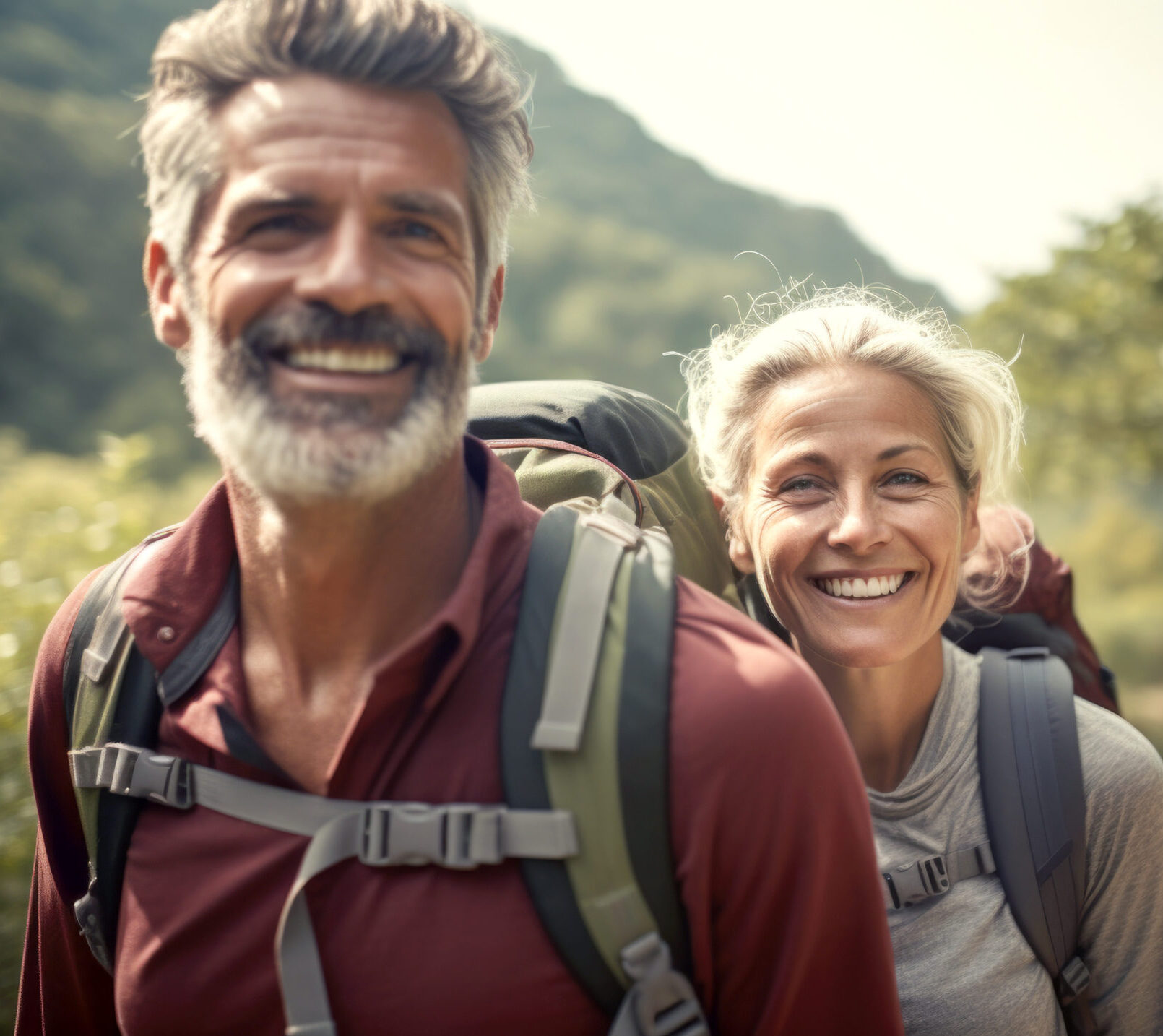 Middle aged couple walking on forest path with backpacks in summer